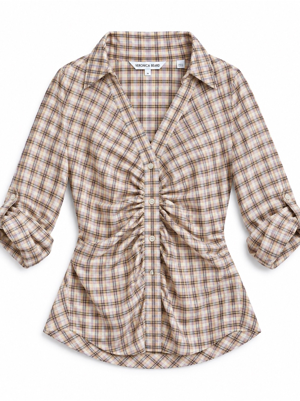 Veronica Beard Plaid Ruched Button-Front Blouse – Size 14